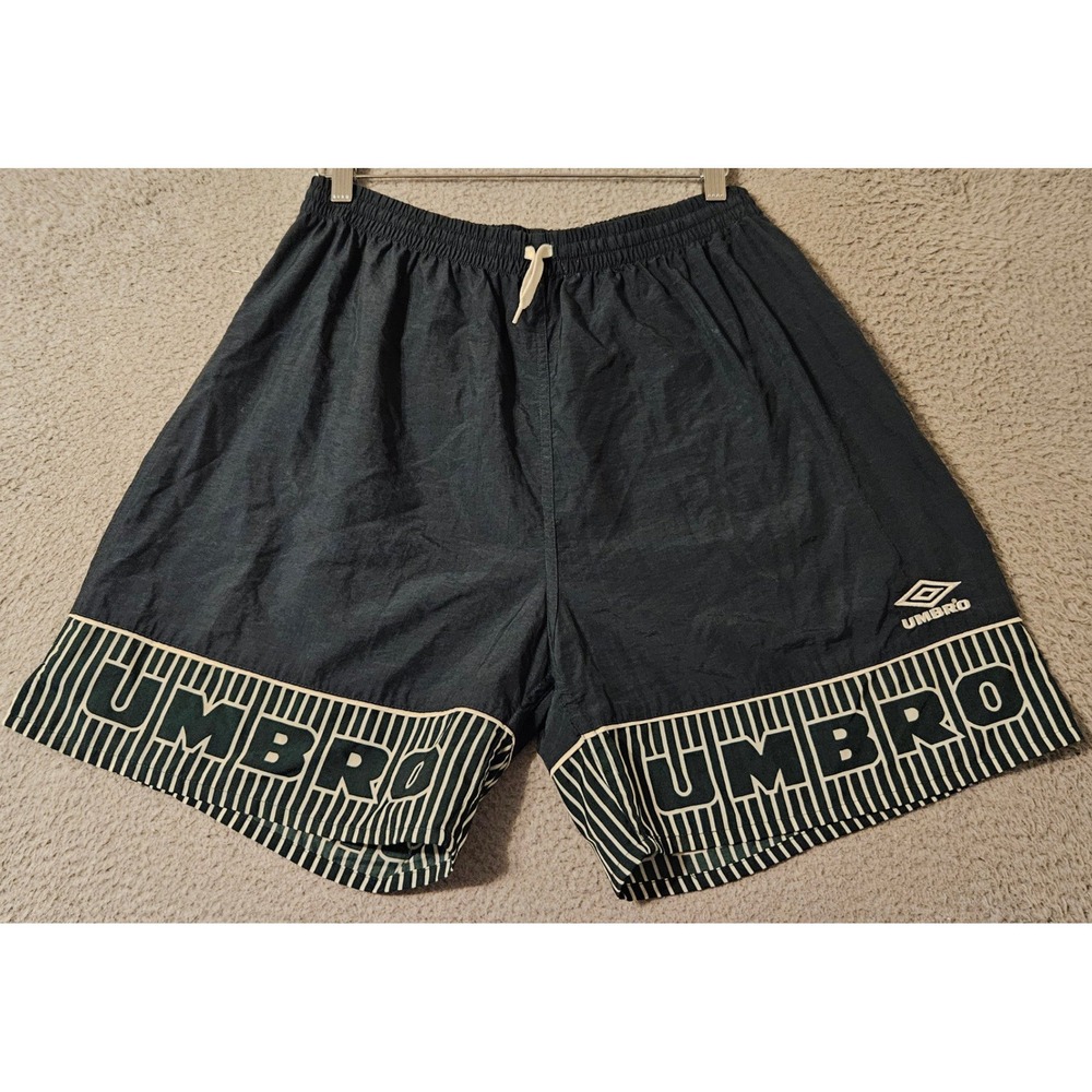 Umbro Vintage Soccer Shorts Mens XL Green Nylon Striped Logo Athletic 90s Gym